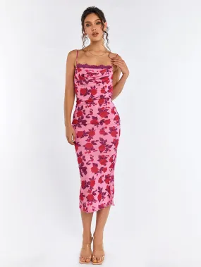 Floral Lace Trim Draped Bodycon Dress