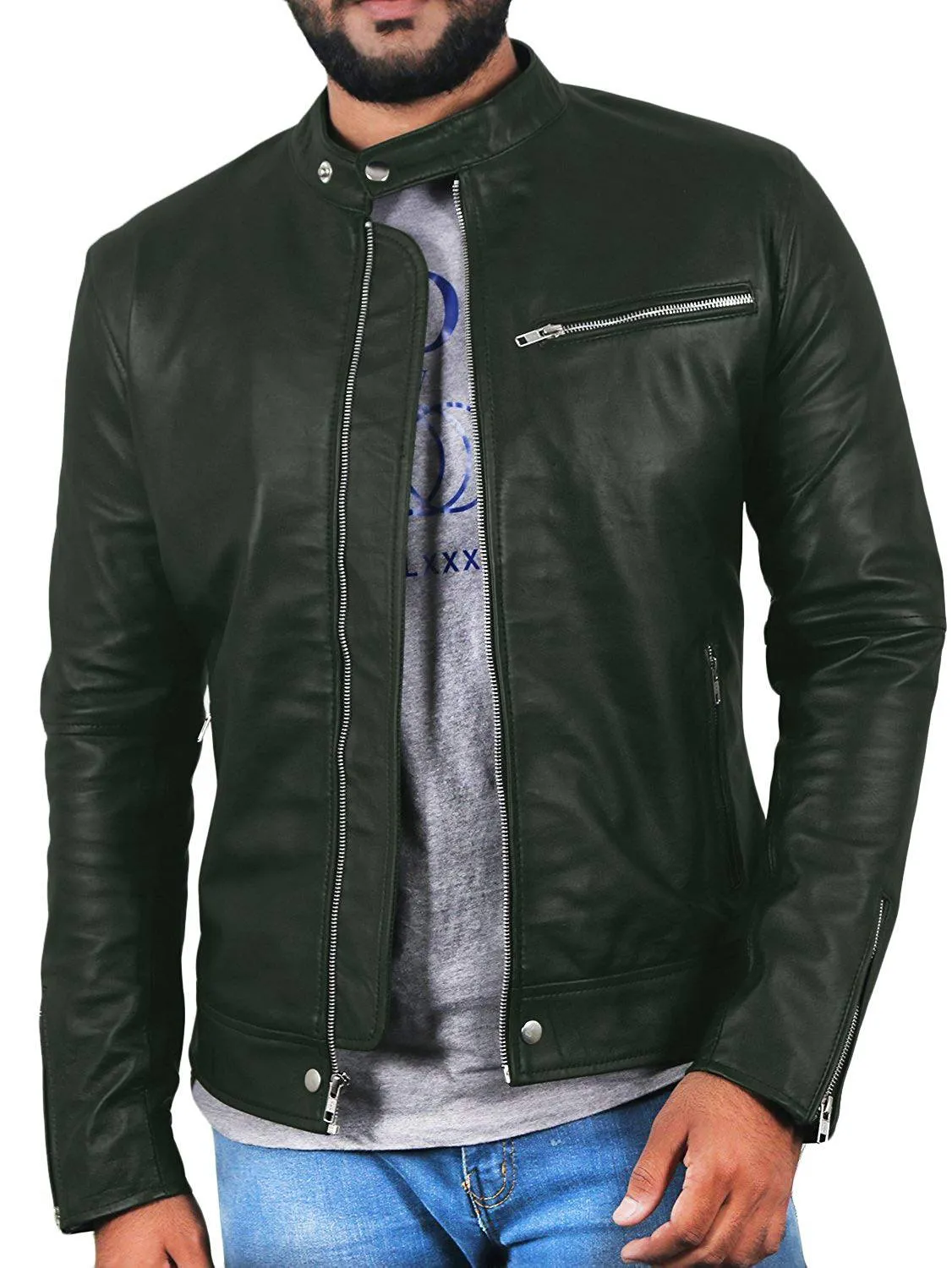 Leather Jackets Hub Mens Genuine Lambskin Leather Jacket (Black, Racer Jacket) - 1501007