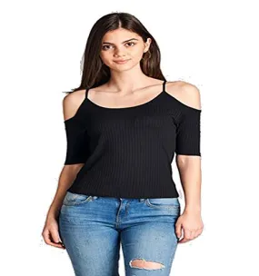 OPEN SHOULDER ELBOW SLEEVE ROUND NECK RIBBED TOP W/ SPAGHETTI STRAPS