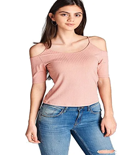 OPEN SHOULDER ELBOW SLEEVE ROUND NECK RIBBED TOP W/ SPAGHETTI STRAPS