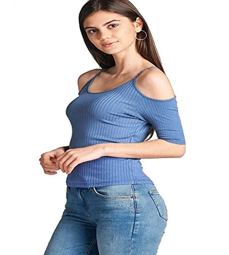 OPEN SHOULDER ELBOW SLEEVE ROUND NECK RIBBED TOP W/ SPAGHETTI STRAPS