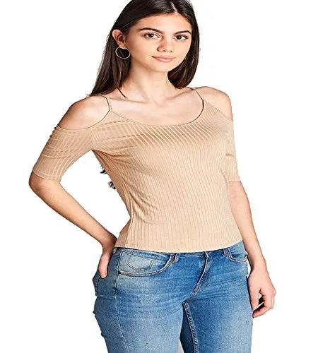 OPEN SHOULDER ELBOW SLEEVE ROUND NECK RIBBED TOP W/ SPAGHETTI STRAPS