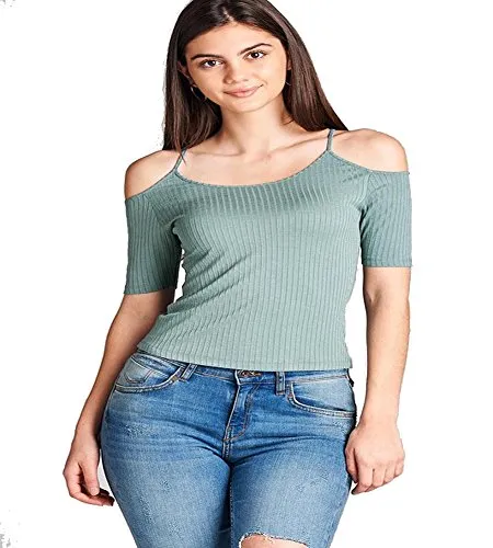 OPEN SHOULDER ELBOW SLEEVE ROUND NECK RIBBED TOP W/ SPAGHETTI STRAPS