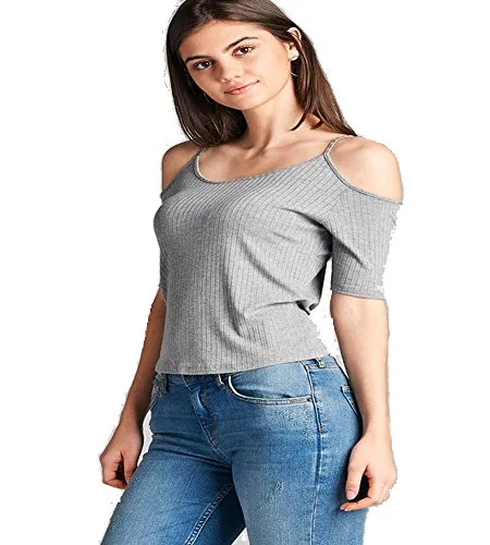 OPEN SHOULDER ELBOW SLEEVE ROUND NECK RIBBED TOP W/ SPAGHETTI STRAPS