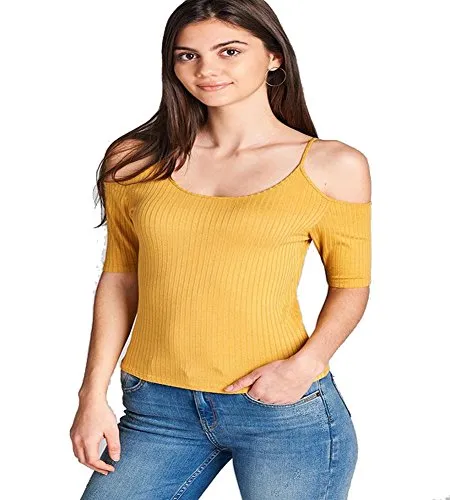 OPEN SHOULDER ELBOW SLEEVE ROUND NECK RIBBED TOP W/ SPAGHETTI STRAPS