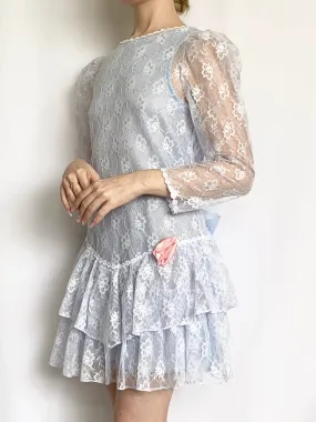 Vintage 1980s Baby Blue Puff Sleeve Lace Dress (XXS)